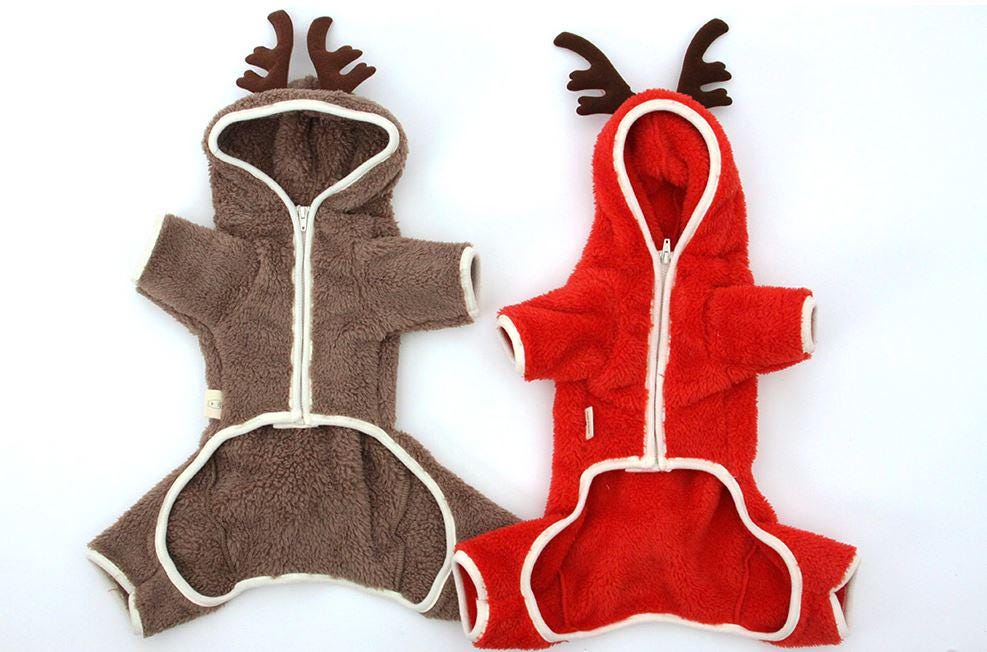 NKpup Reindeer Fleece Dog Overalls in brown and red with hood and antler details