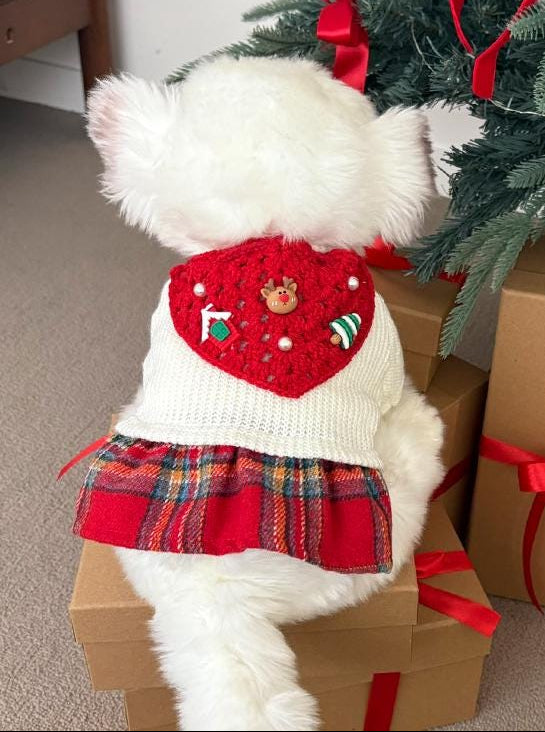 Christmas crochet dog cape and hat set featuring a red heart pattern with festive holiday embellishments.