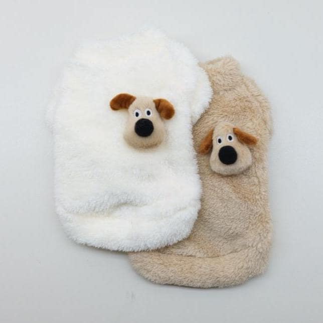 White and tan plush fleece dog sweaters featuring cute puppy face details.