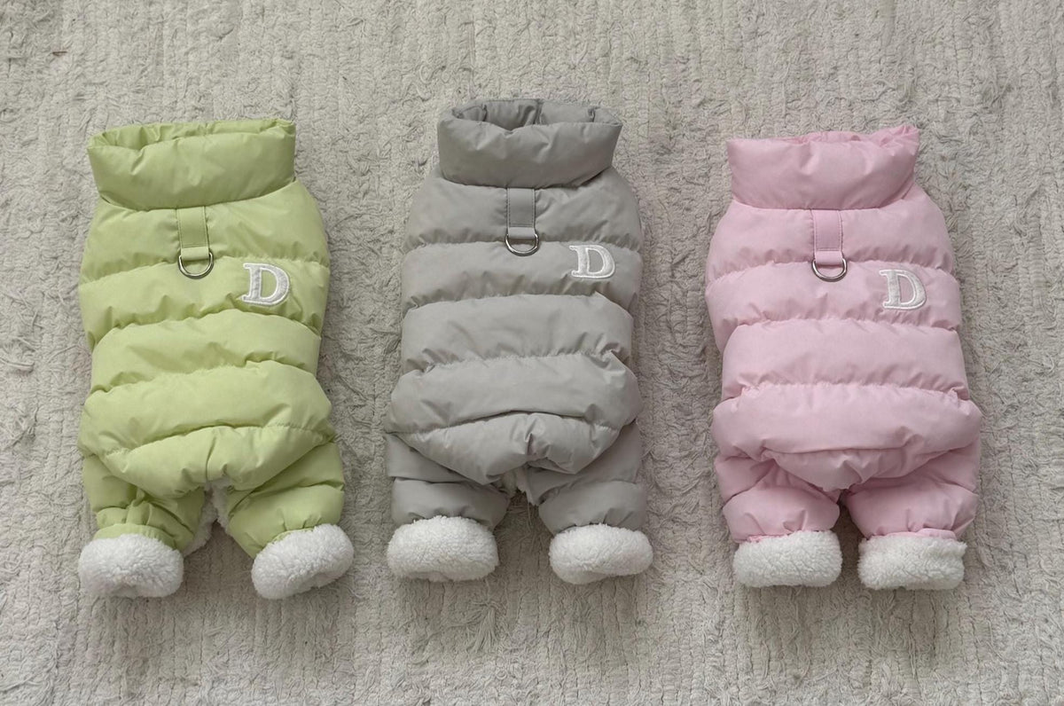 NKpup Macaron D-Ring padded dog overalls in lime green, grey, and pink with sherpa trim.