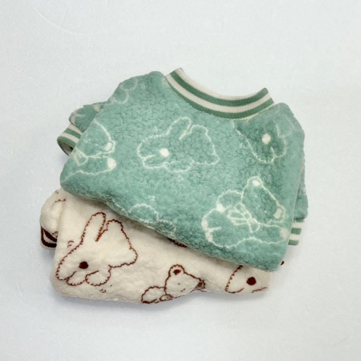 NKpup Ribbon Bear Fleece Dog Sweaters in mint green and cream with bunny patterns