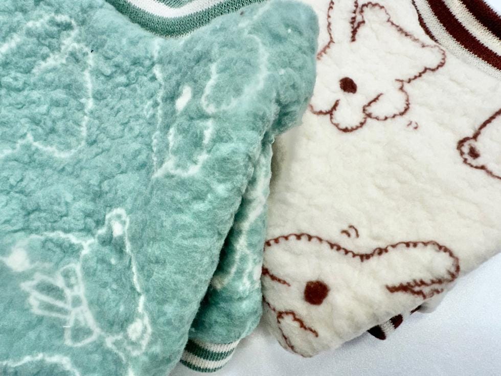 Ribbon Bear Fleece Dog Sweaters in mint green and cream with bear patterns