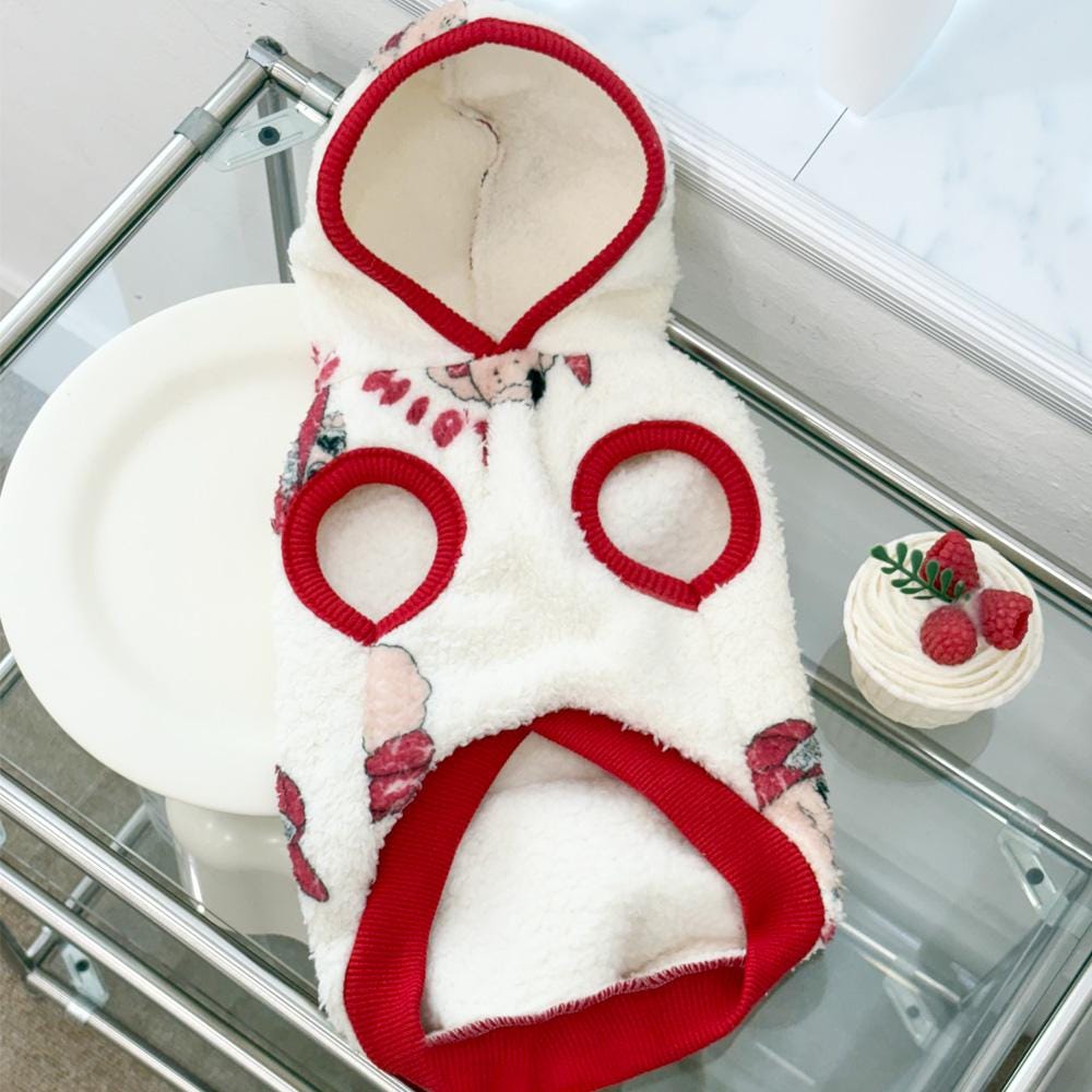 Cap Duo Fleece Dog Hoodie in white with red trim and floral pattern.