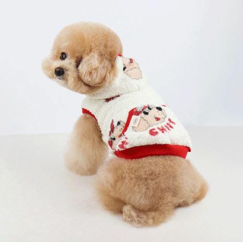 Cap Duo Fleece Dog Hoodie in white with red trim and graphic print.