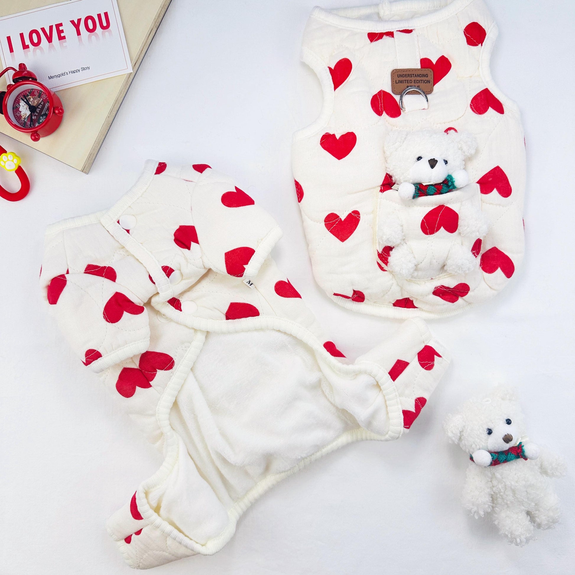 Heart Teddy Pocket Outfit Vest&Overall, S-XL, Pajama Pet, Dog Jumpsuit, Small Dog Clothes, Dog Outfit, Dog Winter Top, Dog Gift - NKpup