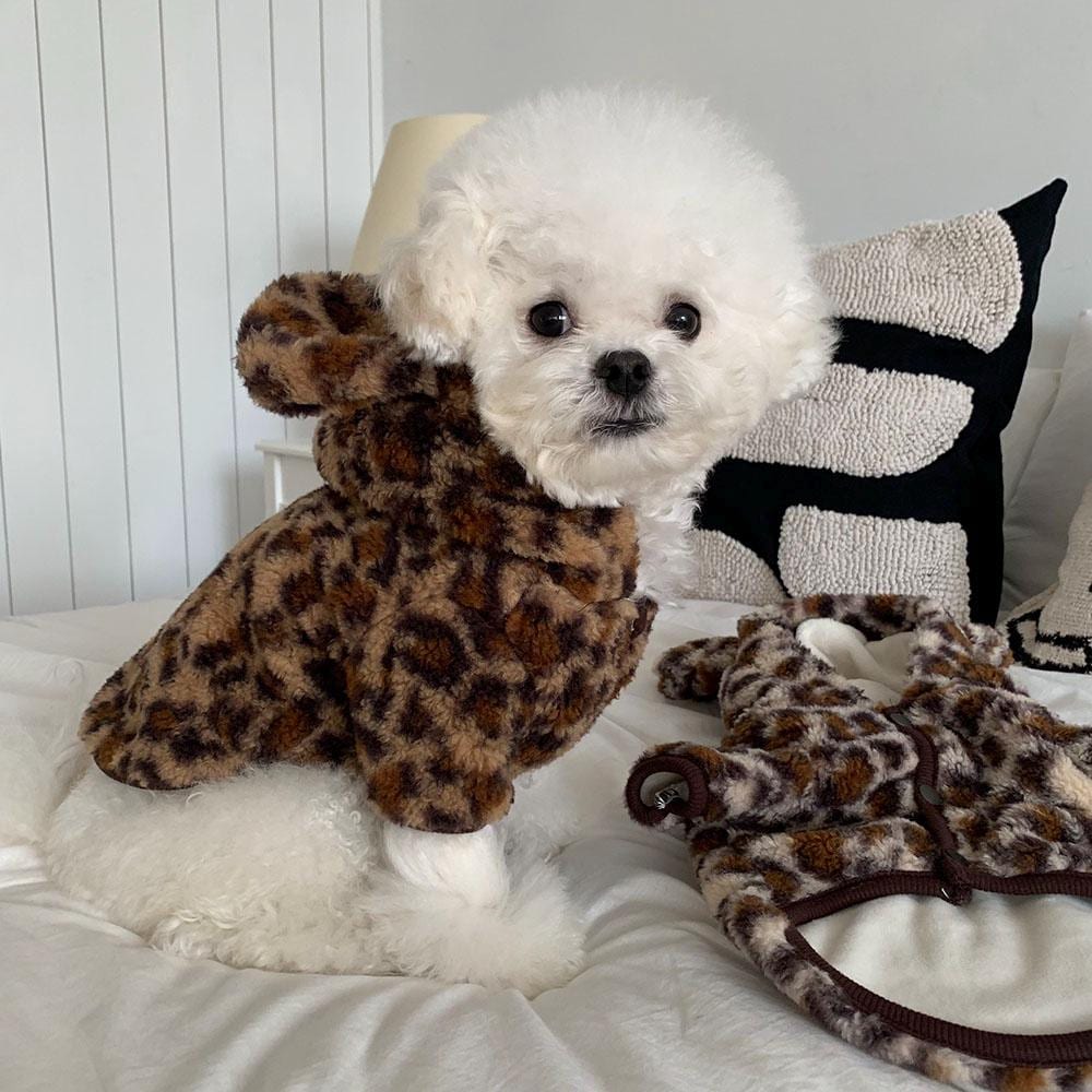 Fuzzy Leopard Bear Hoodie, S-2XL, Small Dog Clothes, Dog Winter Cozy Outfit, Dog Sweater, Gift for Furry Friends, NKPUP - NKpup