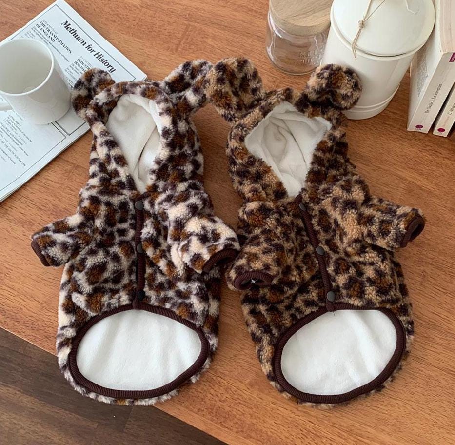 Fuzzy Leopard Bear Hoodie, S-2XL, Small Dog Clothes, Dog Winter Cozy Outfit, Dog Sweater, Gift for Furry Friends, NKPUP - NKpup