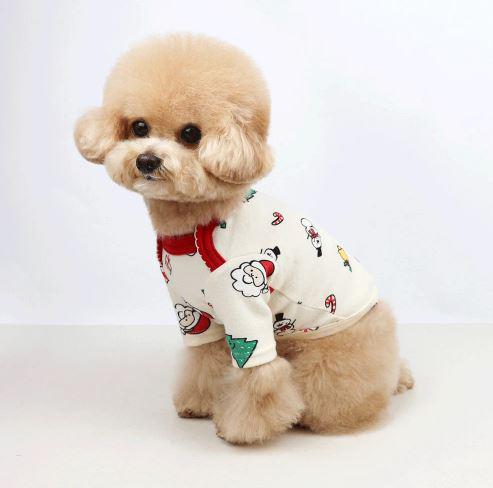 White Christmas Santa dog shirt with red trim and holiday patterns