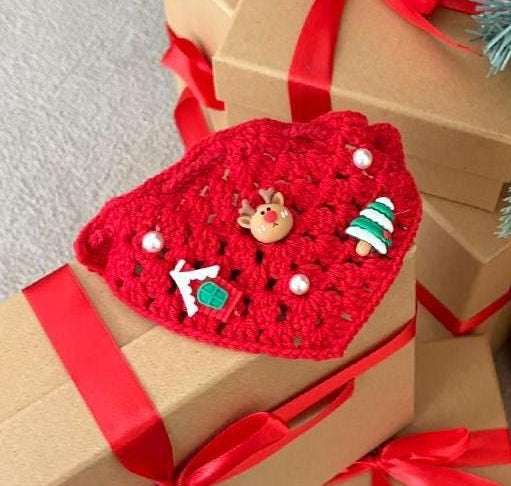 Red crochet Christmas dog cape and hat set with reindeer and tree embellishments by NKpup