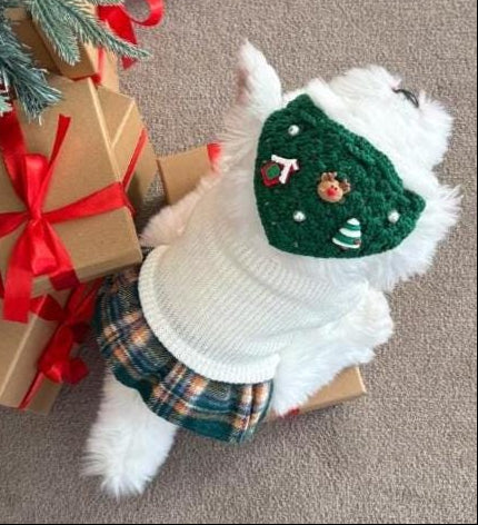 Christmas crochet dog cape in green with festive ornaments and a white knit dog sweater.