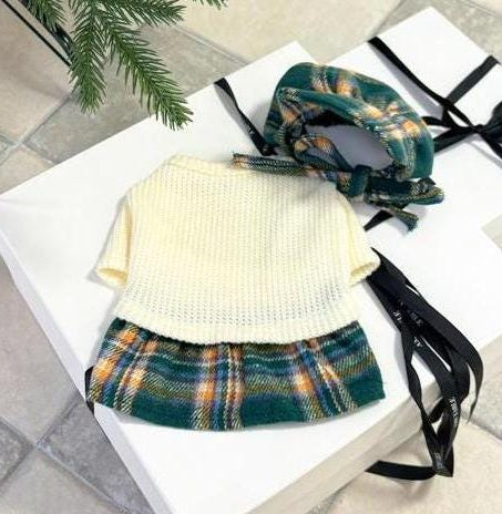NKpup Holiday plaid knit dog dress and matching hat set in cream and green plaid.
