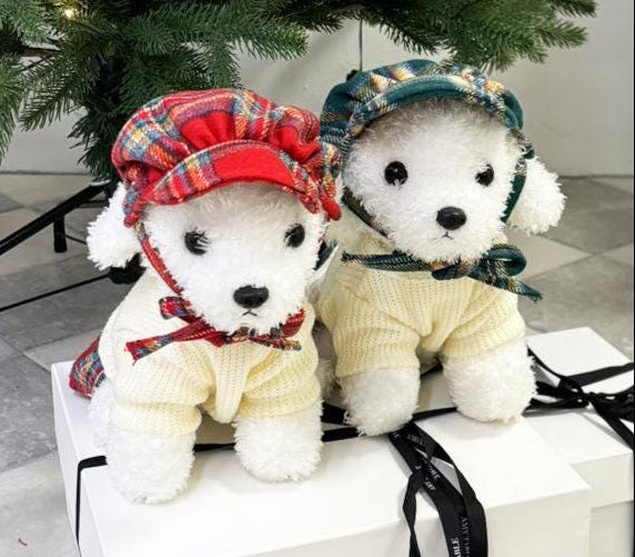 NKpup Holiday plaid knit dog dress and matching hat set in red and green patterns.