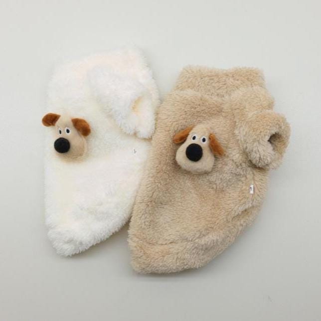 Plush puppy fleece dog sweaters in white and beige with cute dog face details by NKpup