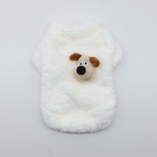 White plush fleece dog sweater with a cute brown and tan puppy face design
