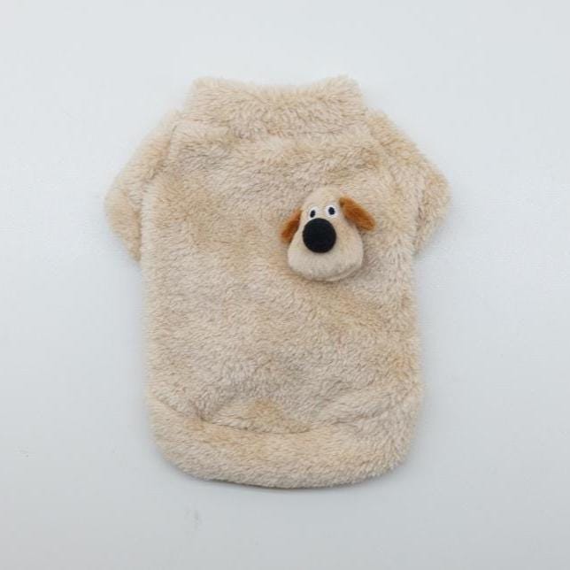 Plush cream fleece dog sweater featuring a cute puppy face design