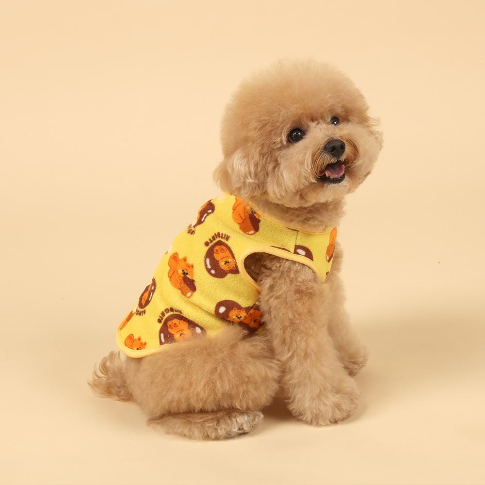 Yellow NKpup winter microfiber dog vest with a brown bear pattern