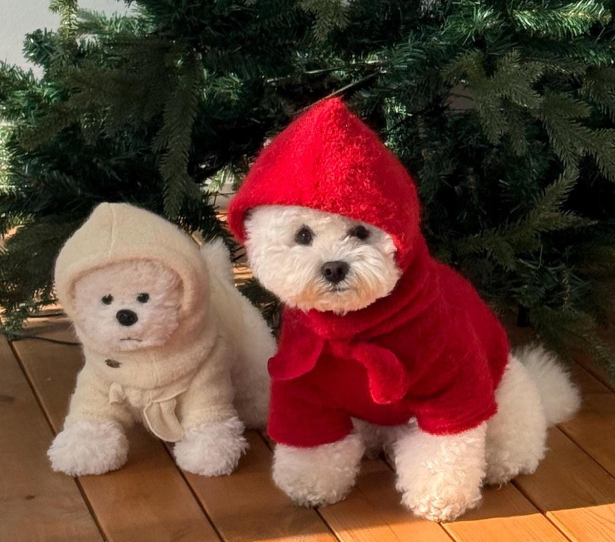 NKpup Hairy Ribbon Knit Dog Sweaters with hoods in red and cream.