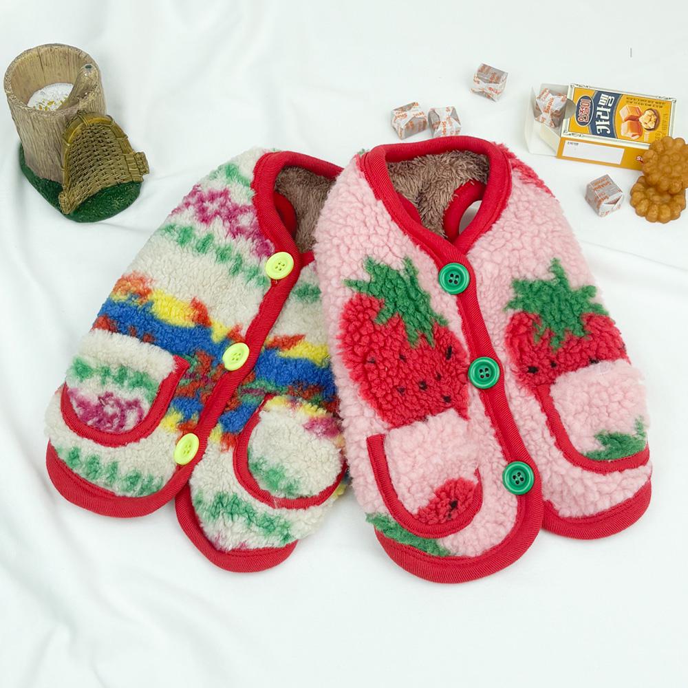 NKpup retro pattern fleece dog vests in colorful zigzag and pink strawberry designs.
