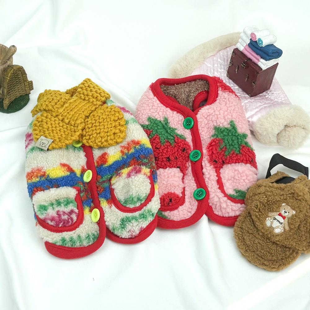 NKpup retro pattern fleece dog vests in multicolor and strawberry print designs.