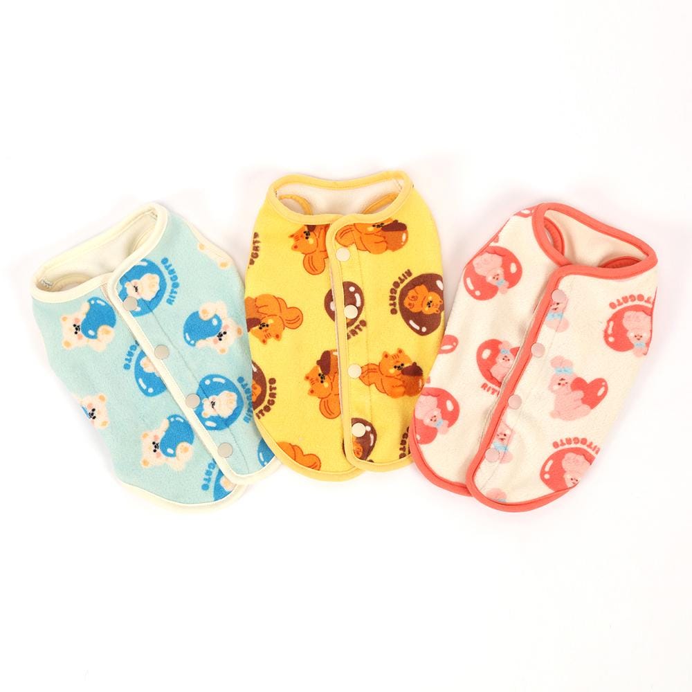 Set of three NKpup winter microfiber dog vests in blue, yellow, and pink with cute bear patterns.
