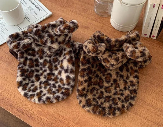 Fuzzy Leopard Bear Hoodie, S-2XL, Small Dog Clothes, Dog Winter Cozy Outfit, Dog Sweater, Gift for Furry Friends, NKPUP - NKpup