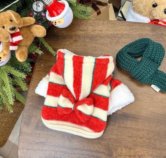 Red and white striped Christmas bow dog shirt and dress