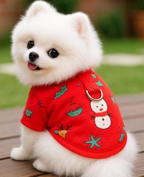 Red Christmas dog shirt with snowman, holly, and star patterns featuring a silver D-ring.