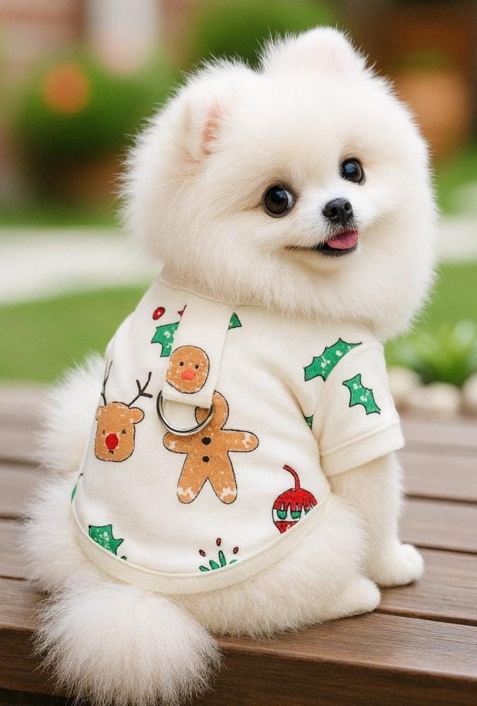 Christmas D-Ring dog shirt with gingerbread man and holly patterns