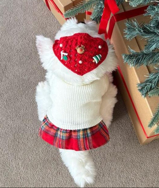 NKpup Christmas crochet dog cape and hat set in red and white with a plaid skirt.
