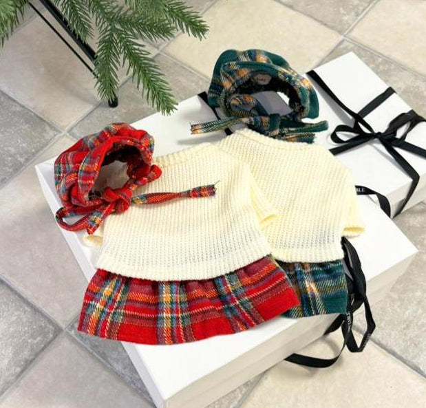 Holiday plaid knit dog dress and matching hat set in red and green patterns.