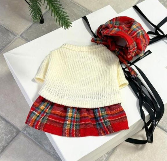 NKpup Holiday plaid knit dog dress and matching red plaid hat set