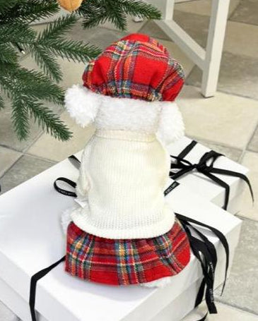 Holiday plaid knit dog dress and matching red plaid hat set by NKpup