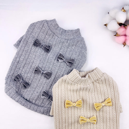 Velvet Bow Ribbed Knit Sweater, S-XL, Small Dog Clothes, Pet Sweater, Winter Dog Top, Dog Knit, NKPUP - NKpup
