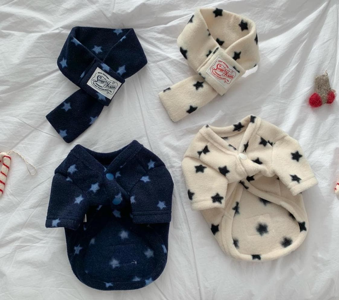 NKpup Star Fleece Cardigan and Muffler Set in navy and cream with star patterns