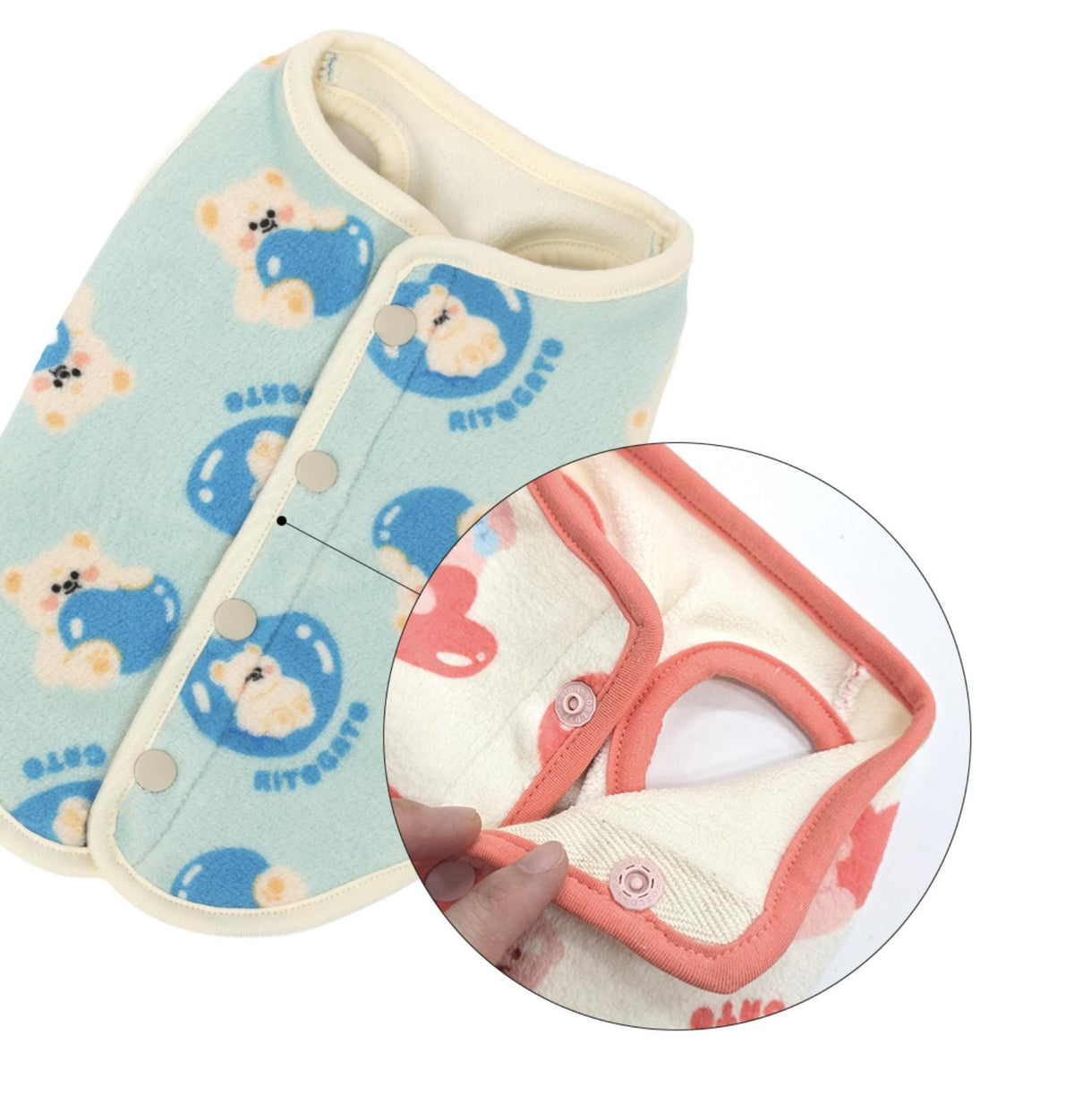 NKpup light blue winter microfiber dog vest with cute bear pattern and snap button closures