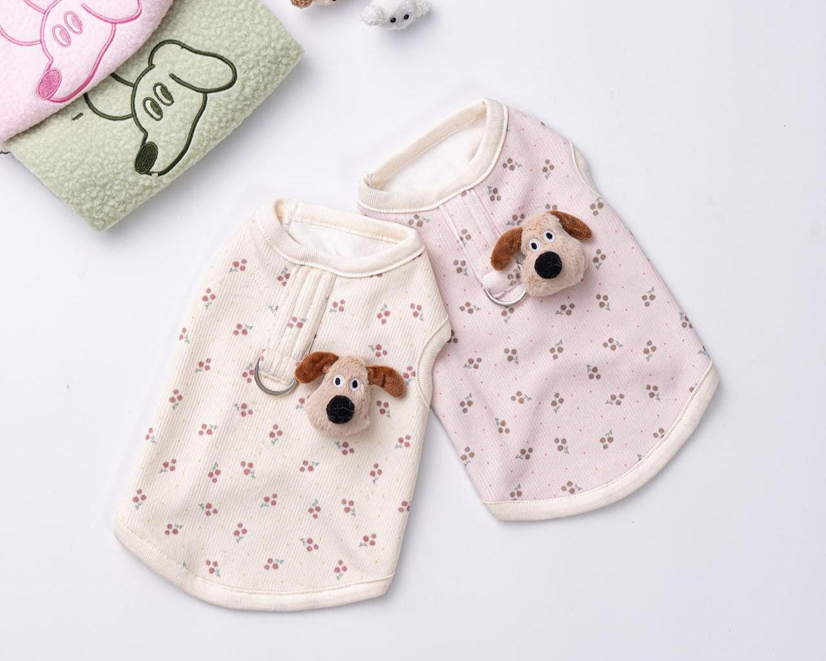 Floral Ribbed Top with Puppy Brooch, S-XL, Small Pet Clothes, Dog Vest, Dog Outfit, Dog Jacket, Dog Fashion, NKPUP - NKpup