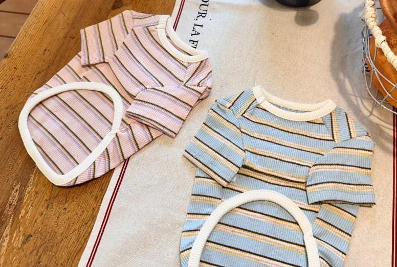 Two ribbed dog shirts with horizontal stripes in pink and blue colors.