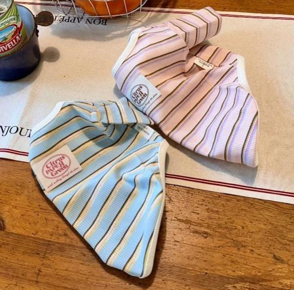 Two Citrus Paper Green striped ribbed dog shirts in light blue and pink.