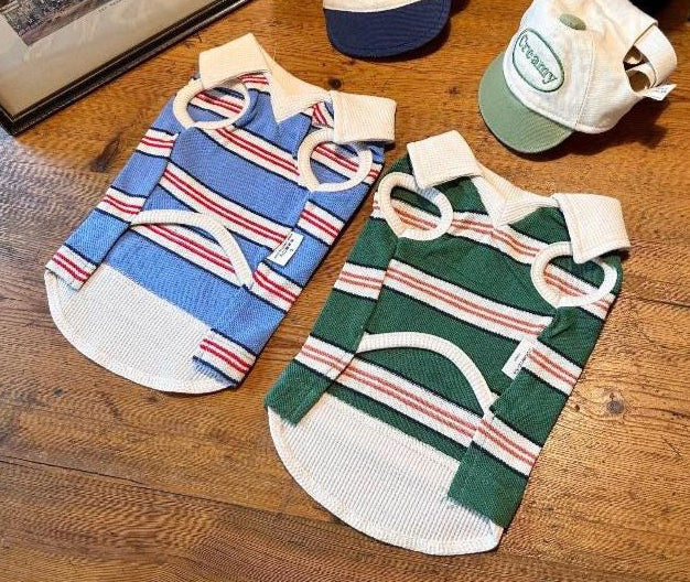 NKpup Classic Stripe Collar Top dog shirts in blue and green striped patterns.
