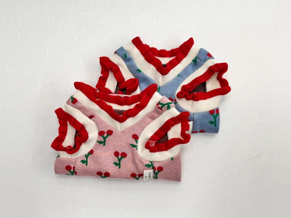 Cherry Knit Frill Tank Top, XS-2XL, Pet Clothing, Dog-Vest, Dog Jacket, Dog Fashion, Dog Apparel, Pet Clothing - NKpup