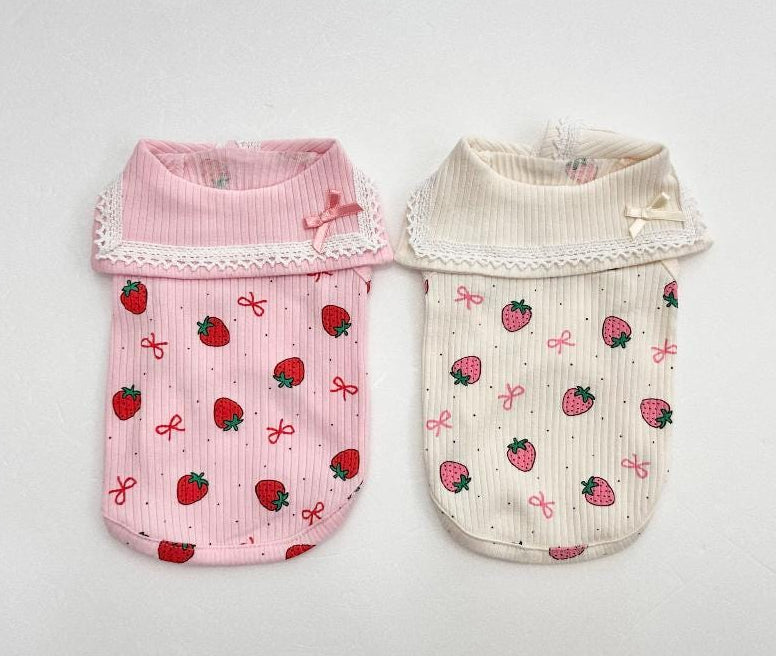 NKpup Strawberry Lace Collar Dog Shirts in pink and cream with strawberry and bow patterns.