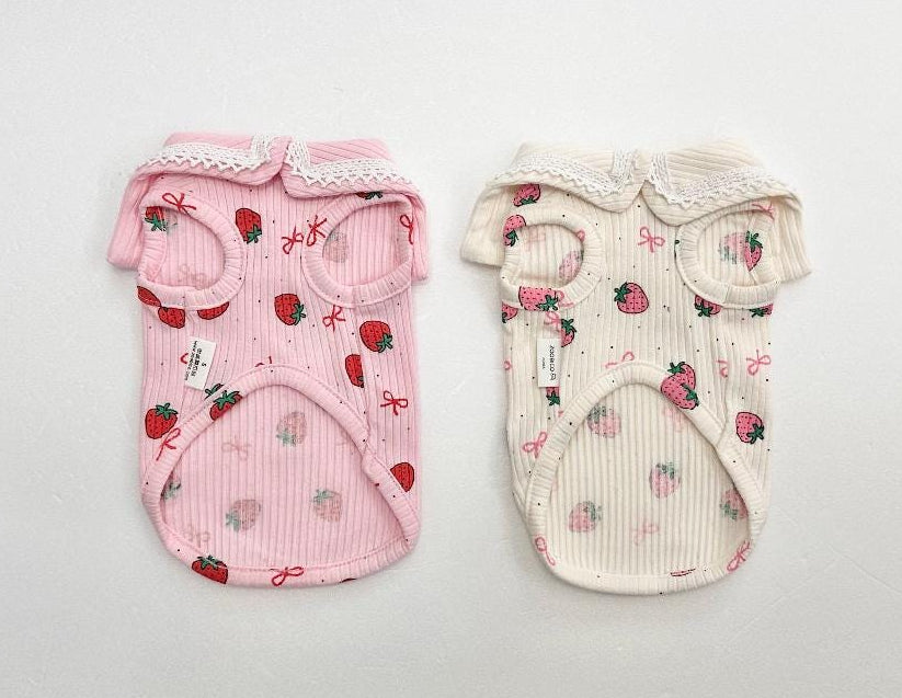 NKpup Strawberry Lace Collar Dog Shirts in pink and cream colors with strawberry patterns.