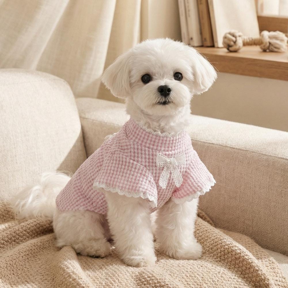 Lace Bow Gingham Top, S-XL, Small Dog Clothes, Pet Sweater, Winter Dog Top, Dog Knit, NKPUP - NKpup