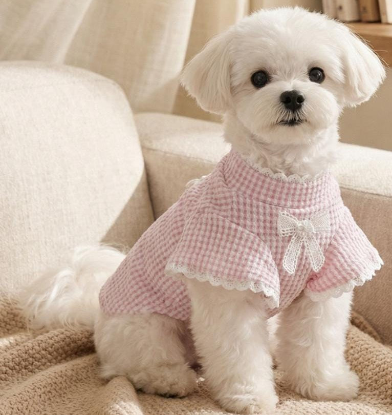 NKpup pink gingham dog top with lace trim and bow detail