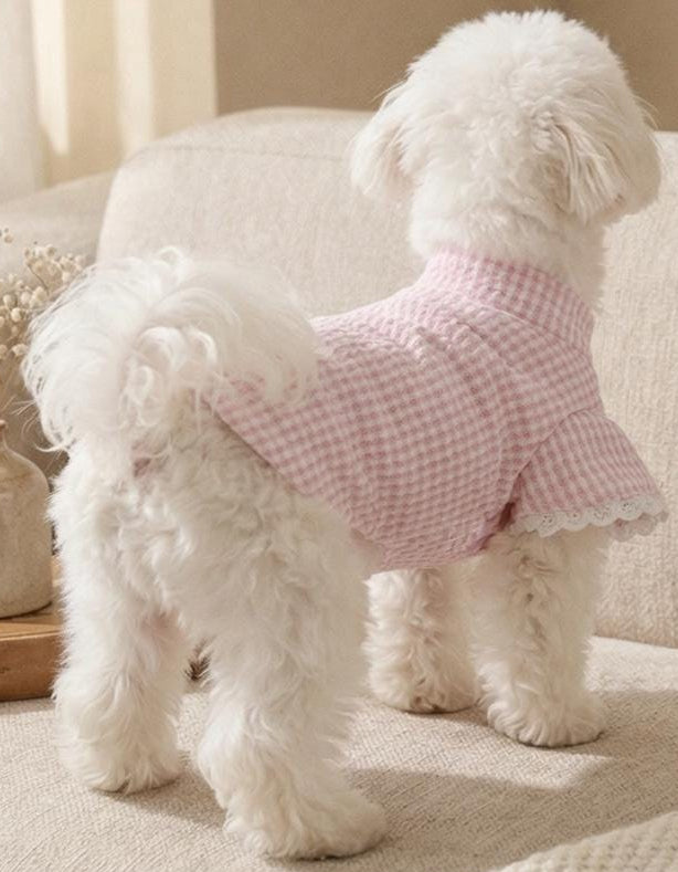 NKpup pink gingham dog top with lace trim