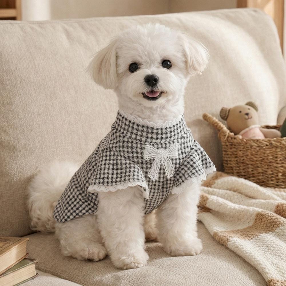 Lace Bow Gingham Top, S-XL, Small Dog Clothes, Pet Sweater, Winter Dog Top, Dog Knit, NKPUP - NKpup