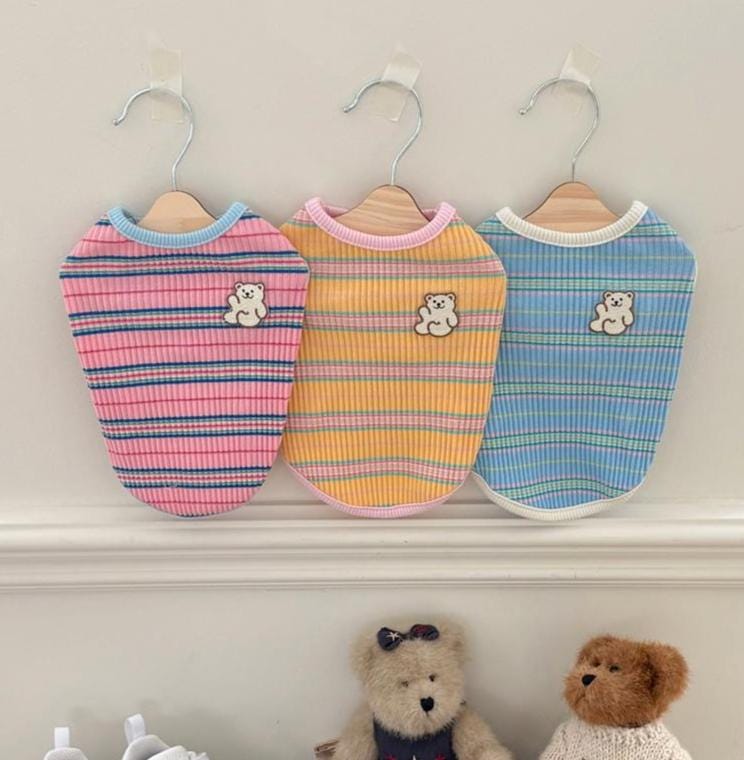 Ribbed Stripe Bear Patch Shirt, S-2XL, Small Dog Clothes, Dog Essential Tee, Dog T-shirts, Dog Top, NKPUP - NKpup