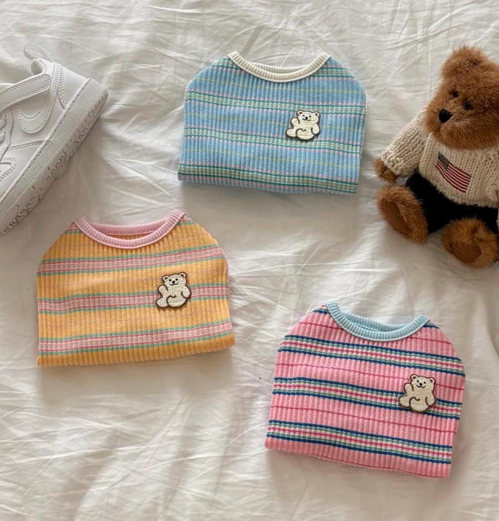 Ribbed Stripe Bear Patch Shirt, S-2XL, Small Dog Clothes, Dog Essential Tee, Dog T-shirts, Dog Top, NKPUP - NKpup