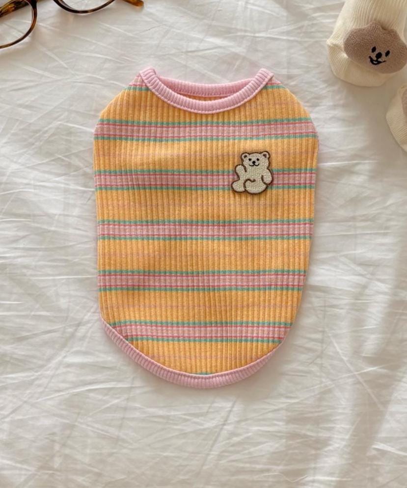 Ribbed Stripe Bear Patch Shirt, S-2XL, Small Dog Clothes, Dog Essential Tee, Dog T-shirts, Dog Top, NKPUP - NKpup