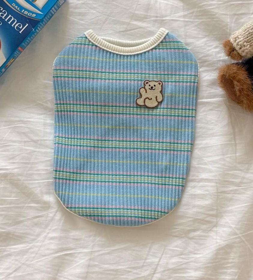 Ribbed Stripe Bear Patch Shirt, S-2XL, Small Dog Clothes, Dog Essential Tee, Dog T-shirts, Dog Top, NKPUP - NKpup